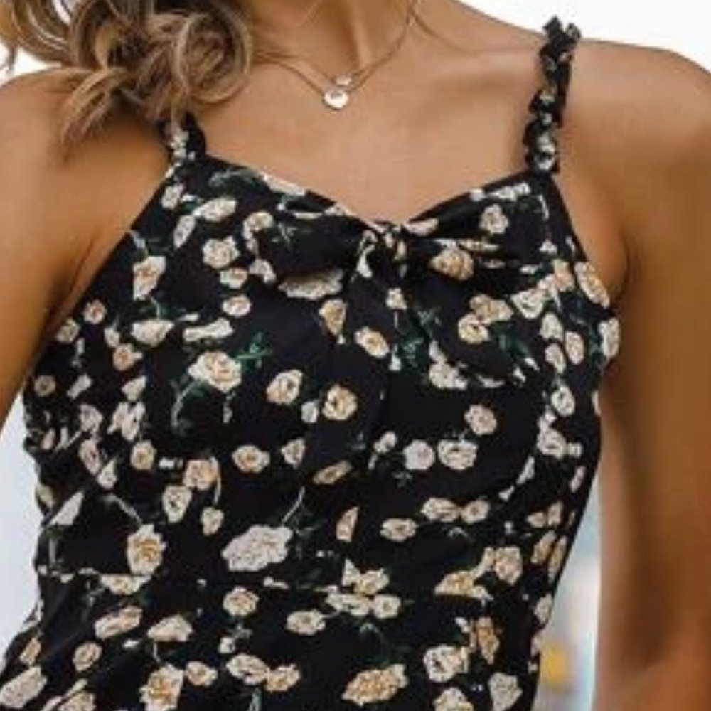 Black Floral Print Cami Dress with Tie Front in M - Picture 2 of 3